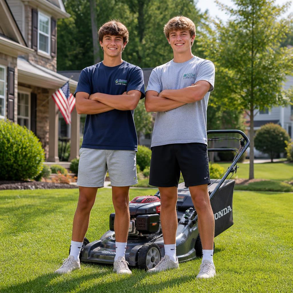 The two student owners of G-O Lawncare standing with their mower
