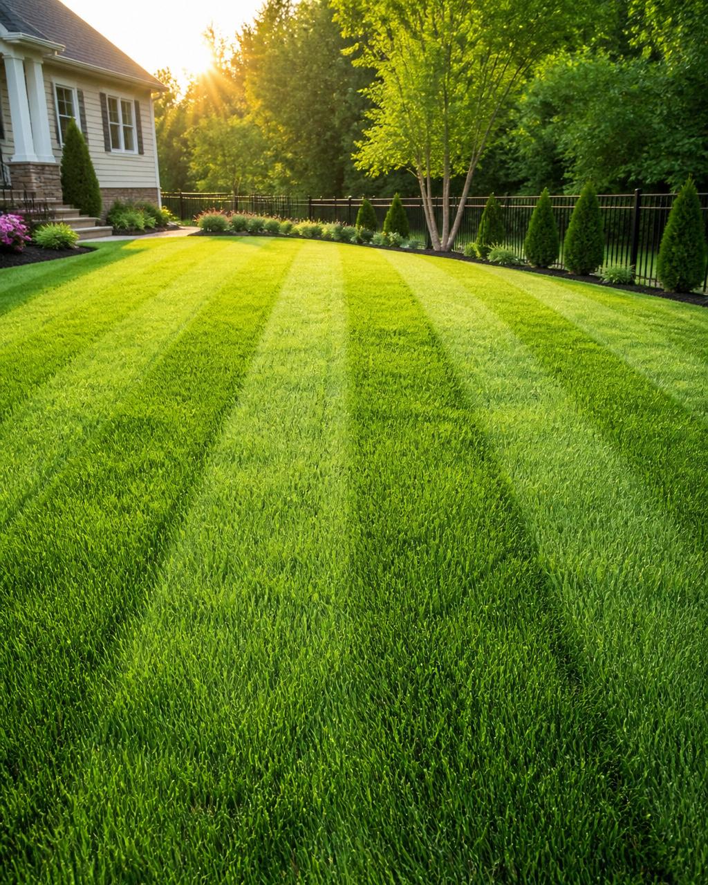 A perfectly manicured green lawn with sharp mower stripes